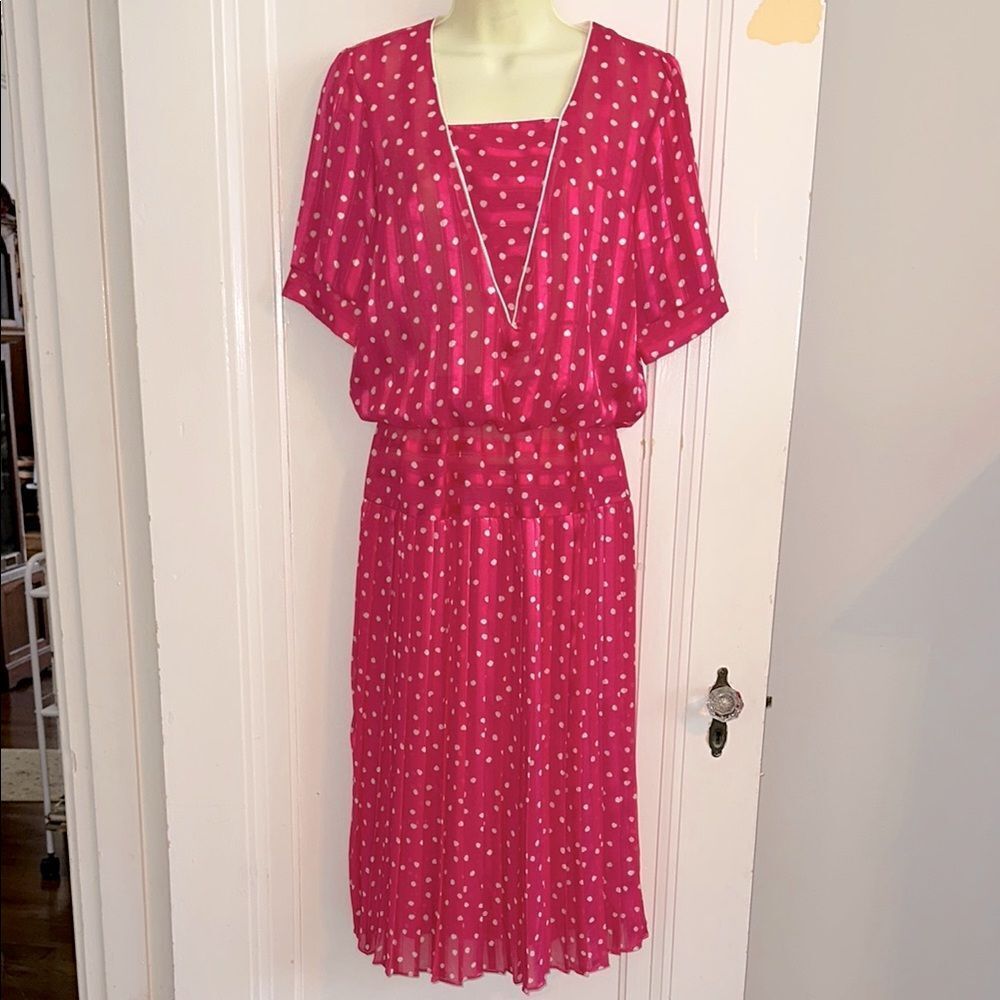 Vintage 80s Stuart Alan Bright Pink Short Sleeve Dress with White Polka Dots